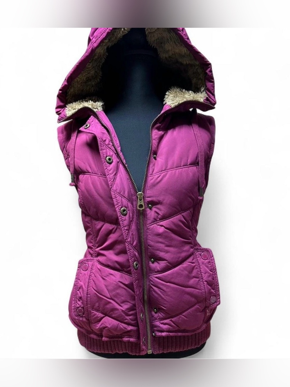 Y2K  Fur Hood Puffer Vest McBling Indie Sleaze Large Womens Early 2000s Vtg
